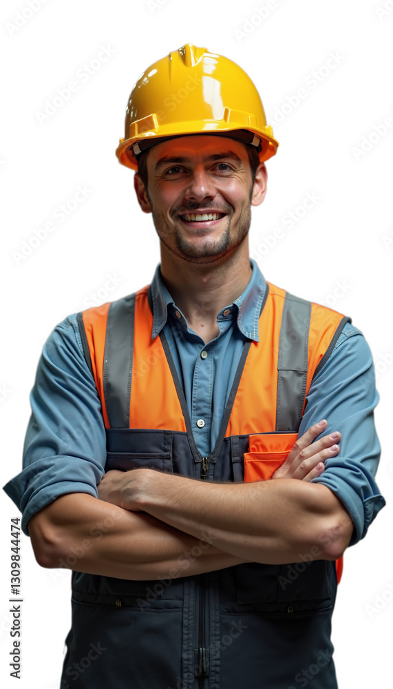 Smiling construction worker in safety gear with crossed arms and yellow hard hat Smiling construction worker in safety gear with crossed arms and yellow hard hat