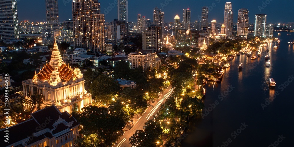 Fototapeta premium Bangkok Nightscape: Illuminated riverside cityscape at night, showcasing the vibrant Chao Phraya River and iconic architecture.