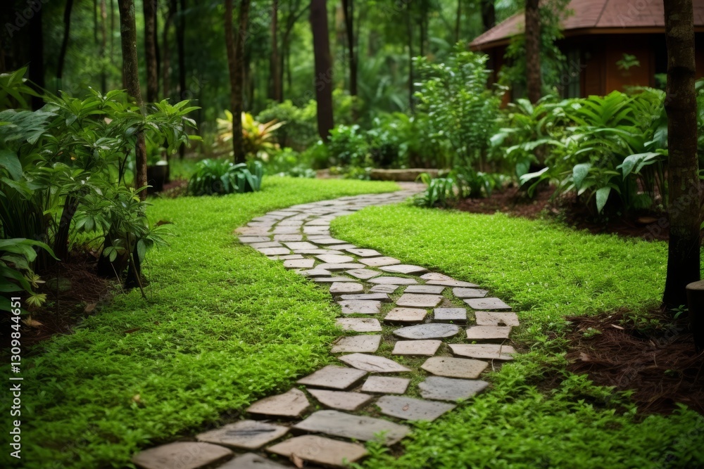 Serene walkway surrounded by lush lawn and vibrant flowers with soft, inviting lighting Serene walkway surrounded by lush lawn and vibrant flowers with soft, inviting lighting