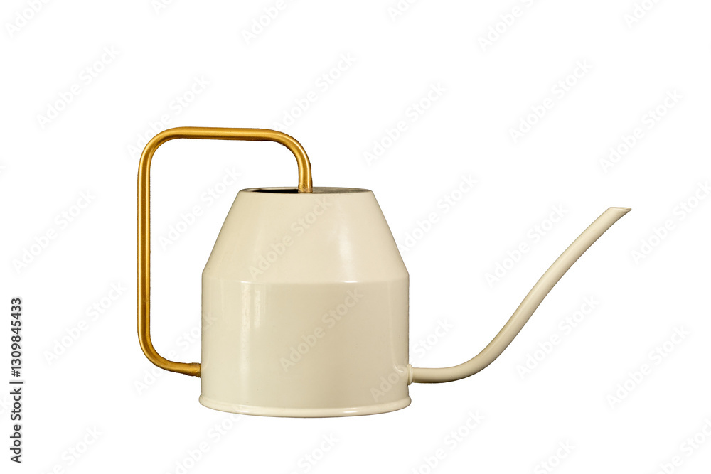 Stylish watering can for watering flowers and plants in the home or garden. Cream color and copper handle