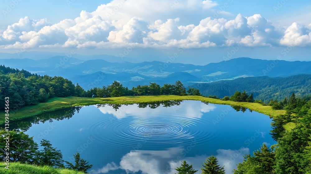 Serene mountain lake reflecting clouds and distant mountain ridges Serene mountain lake reflecting clouds and distant mountain ridges