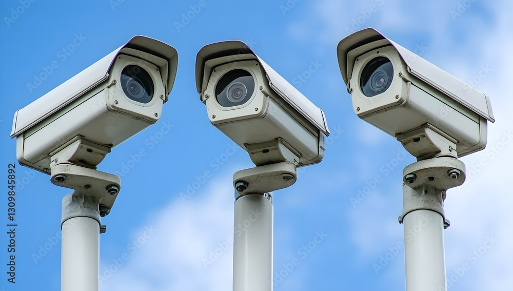 Three White Security Cameras on Tall Poles Against Blue Sky, Surveillance Technology Three White Security Cameras on Tall Poles Against Blue Sky, Surveillance Technology