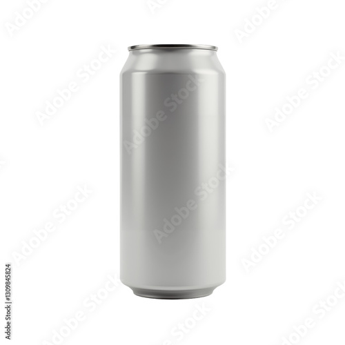 Metal can designed for beverages with sleek metallic surface and tall cylindrical shape