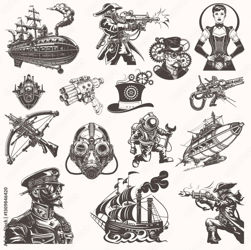 Naklejka premium Steampunk Design Elements – Victorian Airships & Retro Futuristic Travel