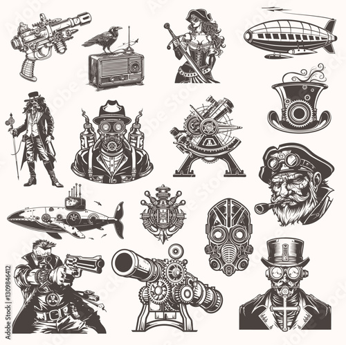 Steampunk Vector Illustrations – Fantasy Airships & Flying Machines