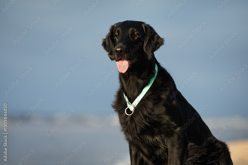 happy flat coated retriever dog portrait on the beach in front of blue sky happy flat coated retriever dog portrait on the beach in front of blue sky