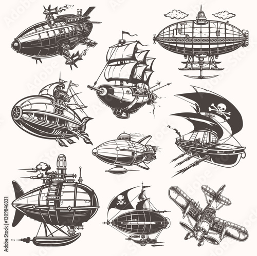 Steampunk Vector Set – Retro Futuristic Flying Machines & Sci-Fi Elements