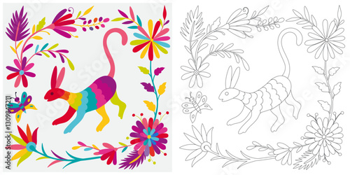 Coloring page, example for coloring, composition with flowers and animals in Mexican style