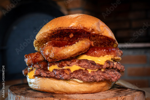 Double Smash Burger with Cheese, Barbecue Sauce and Onion Rings in a Brioche Bun on a Wooden Surface.