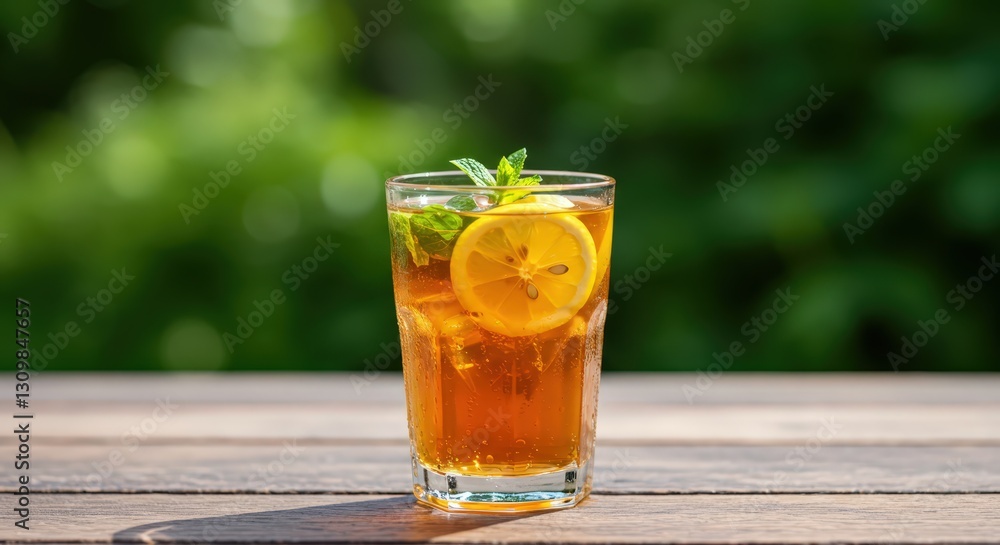 Iced tea glass with lemon and mint on wooden table, outdoor concept. Refreshment drink for summer, National Iced Tea Day. Copy space for text. Iced tea glass with lemon and mint on wooden table, outdoor concept. Refreshment drink for summer, National Iced Tea Day. Copy space for text.