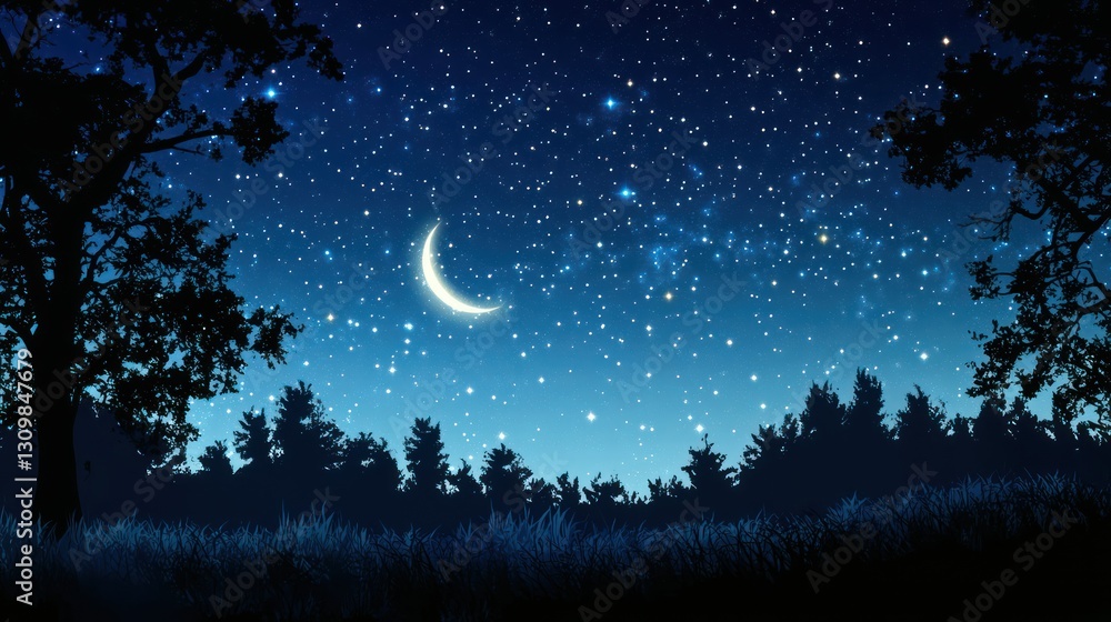 Naklejka premium A moonlit sky illuminates the trees and the fields at night