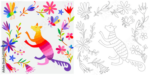 Coloring page, example for coloring, composition with flowers and animals in Mexican style