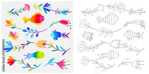 Coloring page, example for coloring, composition with flowers and animals in Mexican style