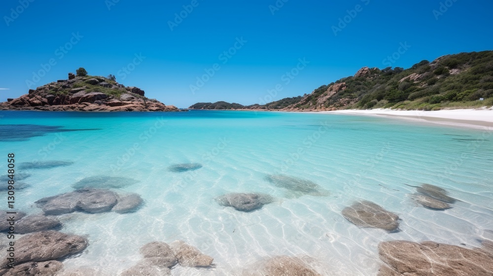 Tranquil views of a serene cove with crystal clear waters and few holidaymakers at the beach Tranquil views of a serene cove with crystal clear waters and few holidaymakers at the beach