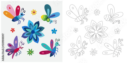 Coloring page, example for coloring, composition with flowers and animals in Mexican style