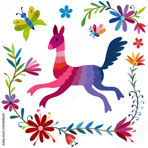 Folk Otomi style graphic, wallpaper. Colorful Mexican Traditional Textile Embroidery Style.