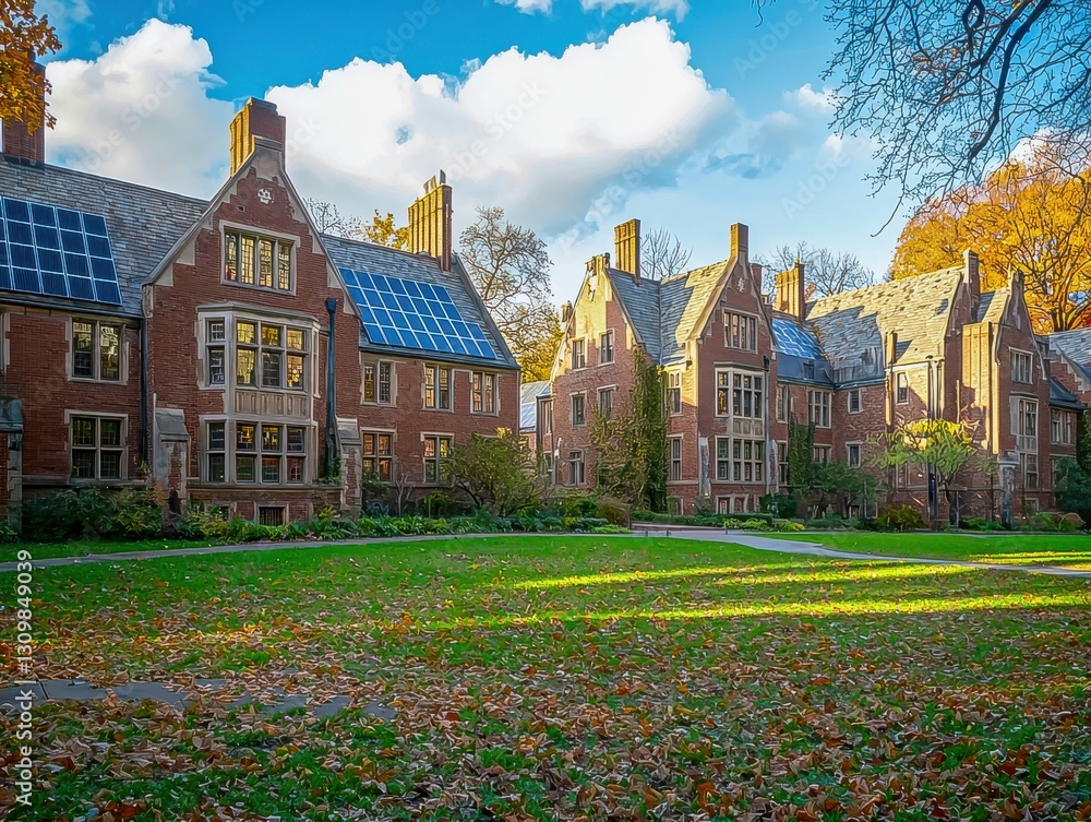 Obraz premium UK Terraced Houses with Solar Panels on Rooftops for Energy Efficiency and Renewable Energy Concepts for Residential Homes in Britain.