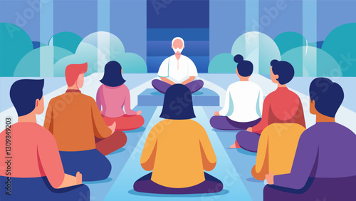 In a quiet corner attendees can be seen sitting in silence for a guided mindfulness and meditation session at the religious conference.. Vector illustration