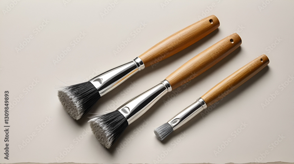 Two brushes with wooden handles and silver ferrules on textured paper Two brushes with wooden handles and silver ferrules on textured paper