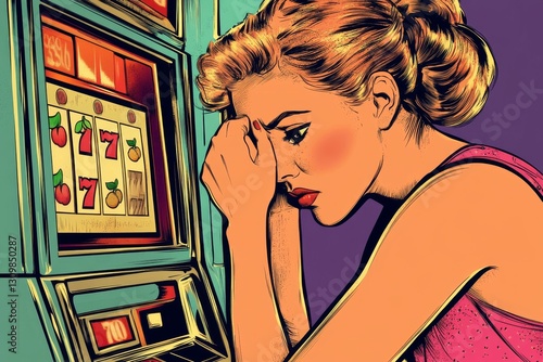 Woman saddened by slot machine result. photo