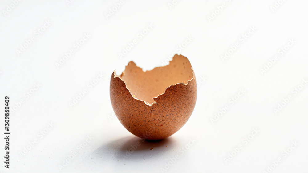 Cracked eggshell on pristine white backdrop, a versatile stock photo for Easter marketing, culinary projects, and eco-friendly branding campaigns. Cracked eggshell on pristine white backdrop, a versatile stock photo for Easter marketing, culinary projects, and eco-friendly branding campaigns.