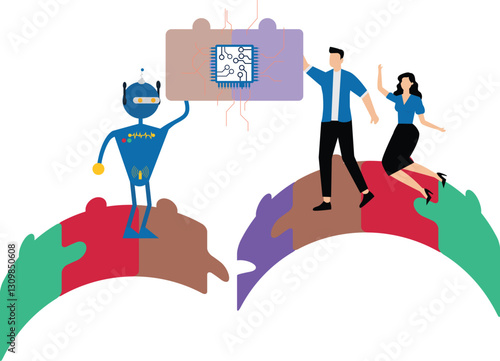 Business people Build business bridge puzzle jigsaw AI, Artificial Intelligence Robot path together ,solution ,idea, cooperation robot to success together