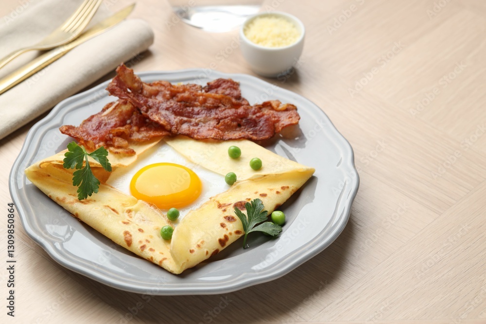 Delicious crepe with egg, bacon and green peas served on wooden table, space for text. Breton galette Delicious crepe with egg, bacon and green peas served on wooden table, space for text. Breton galette