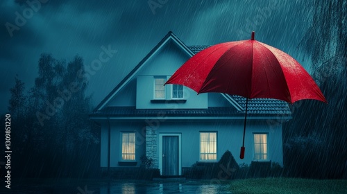 Red umbrella shelters house from rainfall.