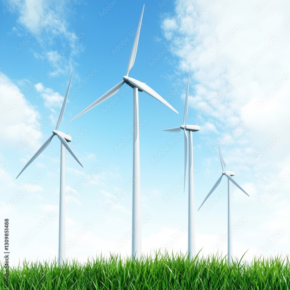 Fototapeta premium Green energy wind turbines with fresh grass and blue sky isolated on white background