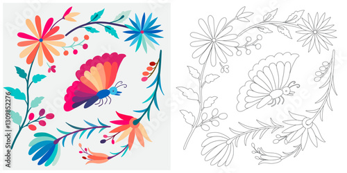 Coloring page, example for coloring, composition with flowers and animals in Mexican style
