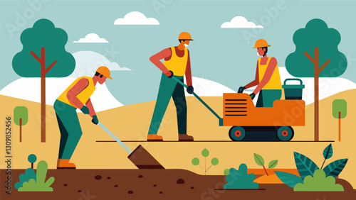 Workers using specialized equipment to compact the soil and pack it tightly to prevent settling.. Vector illustration