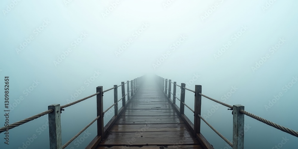 Naklejka premium Suspended Rope Bridge in Foggy Cliff Landscape – Mysterious and Adventurous Background.