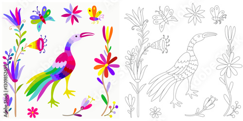 Folk Otomi style graphic, wallpaper. Coloring page, example for coloring, composition with flowers and animals in Mexican style