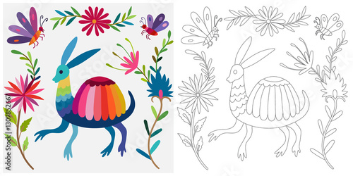 Coloring page, example for coloring, composition with flowers and animals in Mexican style