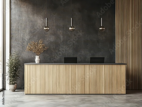 Modern reception desk area with decorative lights and potted plants