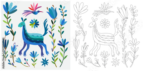Coloring page, example for coloring, composition with flowers and animals in Mexican style