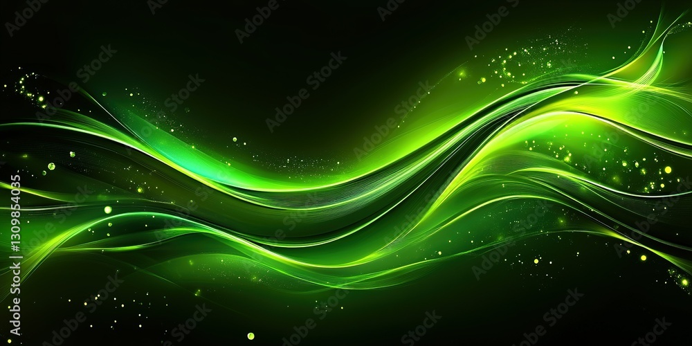 Fototapeta premium Fluid green waves create a dynamic abstract background with glowing particles on a dark canvas