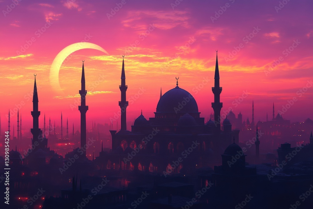 Fototapeta premium A breathtaking islamic cityscape at dusk with a vibrant sunset and crescent moon highlighting majestic mosque domes and minarets in photorealistic detail