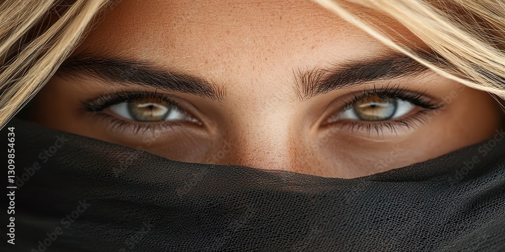 Naklejka premium Mysterious Gaze: An intimate close-up showcases the captivating eyes of a woman, partially veiled, expressing depth and allure, drawing the viewer in with their enigmatic beauty.
