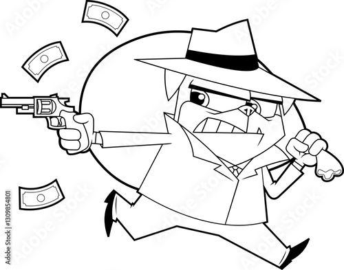 Outlined Funny Mafia Pug Cartoon Character Running
with Gun and Money Bag. Gangster Dog Illustration