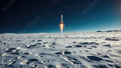 Cosmic landscape of the Moon's surface with a rocket in the distance, astronomy, stars