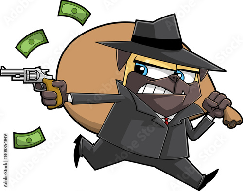 Funny Mafia Pug Dog Cartoon Character Running with Gun and Money Bag. Gangster Dog Illustration. Vector Hand Drawn Illustration Isolated On Transparent Background
