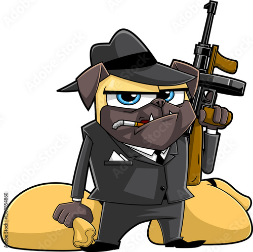 Funny Mafia Pug Dog Cartoon Character Holding Gun and Money Bags. Gangster Dog with Cigar. Vector Hand Drawn Illustration Isolated On Transparent Background