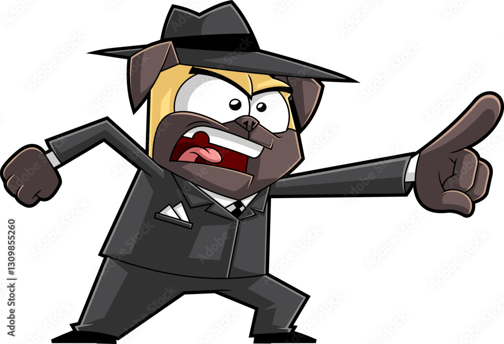 Obraz premium Funny Mafia Pug Dog Cartoon Character in Suit and Hat Pointing Aggressively. Vector Hand Drawn Illustration Isolated On Transparent Background