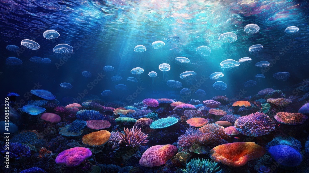 Naklejka premium Vibrant Underwater Scene with Colorful Corals and Jellyfish