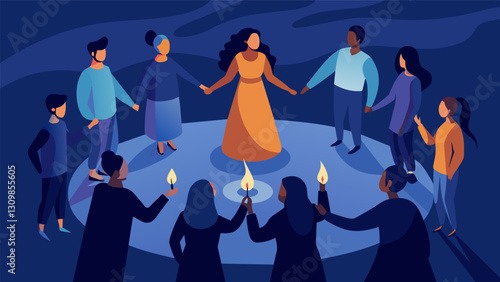 Shadows dance on the walls as a group of individuals stand in a circle their candles creating a warm and peaceful atmosphere at the nighttime prayer. Vector illustration