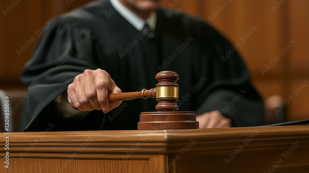 Judge holding gavel and delivering verdict in court setting, photo for thematic fleas, articles about law Judge holding gavel and delivering verdict in court setting, photo for thematic fleas, articles about law