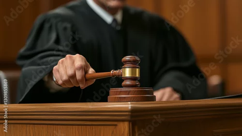 Obraz Judge holding gavel and delivering verdict in court setting, photo for thematic fleas, articles about law