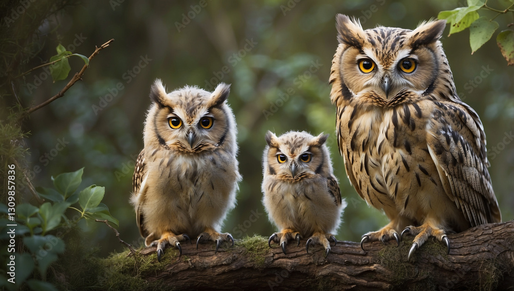Fototapeta premium A Heartwarming Image of an Owl with Its Owlet, Symbolizing Family and Care in Nature