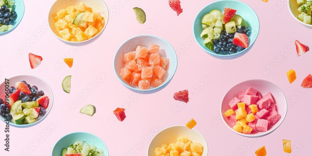 Hovering bowls of colorful poke, fresh and delicious against a pastel gradient Hovering bowls of colorful poke, fresh and delicious against a pastel gradient